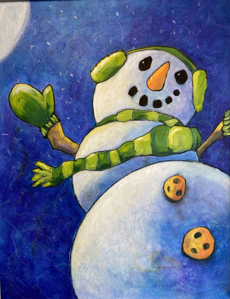 Snowman from the worms eye view. acrylic painting done in a whimsical playful way.